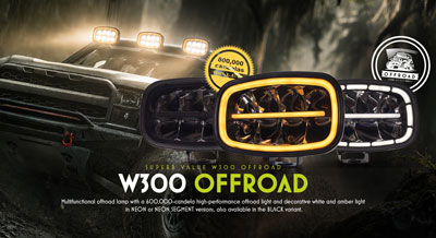 SUPERB VALUE W300 OFFROAD. Multifunctional offroad lamp with a 600,000-candela high-performance offroad light and decorative white and amber light in NEON or NEON SEGMENT versions, also available in the BLACK variant.