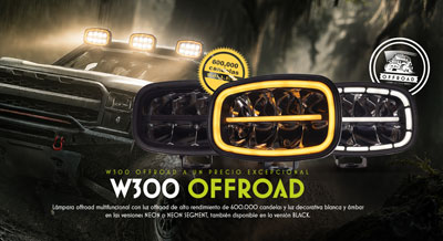 W300 OFFROAD A UN PRECIO EXCEPCIONAL. Lámpara offroad multifuncional con luz offroad de alto rendimiento de 600.000 candelas y luz decorativa blanca y ámbar en las versiones NEON o NEON SEGMENT, también disponible en la versión BLACK.