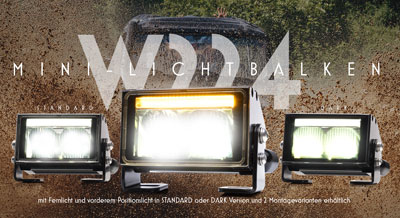MINI-Lichtbalken W224 mit Fernlicht und vorderem Positionslicht in STANDARD oder DARK Version und 2 Montagevarianten erhältlich