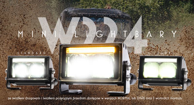 MINi Lightbary W224 ze światłem drogowym i światłem pozycyjnym przednim dostępne w wersjach NORMAL lub DARK oraz 2 wariantach montażu