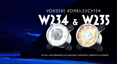 Vordere Kombileuchten W234 & W245 mit Fern- oder Abblendlicht und optionalem: Positionslicht, Tagfahrlicht und Blinklicht