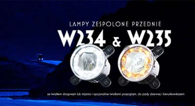 Lampy zespolone przednie W234 & W235 ze światłem drogowym lub mijania i opcjonalnie światłami: pozycyjnym, do jazdy dziennej i kierunkowskazem