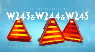 Neue dreieckige Heckleuchten W243 & W244 & W245 erhältlich in Ausführung mit 3, 4 oder 5 Lichtfunktionen, mit 5 Anschlussvarianten und 2 Gehäusedicken sowie bei der Serie W245 auch mit dynamischem Blinklicht.