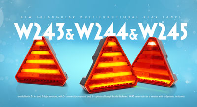 New triangular multifunctional rear lamps W243 & W244 & W245 available in 3-, 4- and 5-light versions, with 5- connection variants and 2- options of lamp's body thickness; W245 series also in a version with a dynamic indicator.