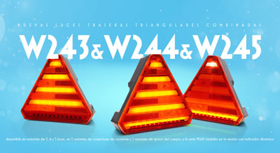 Nuevas luces traseras triangulares combinadas W243 y W244 y W245 disponible en variantes de 3, 4 y 5 luces, en 5 variantes de conectores de corriente y 2 variantes de grosor del cuerpo, y la serie W245 también en la versión con indicador dinámico