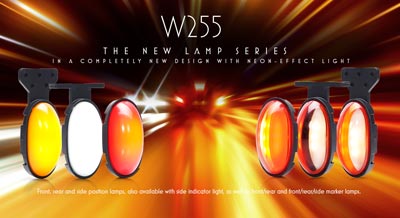 The new W255 lamp series in a completely new design with neon-effect light. Front, rear and side position lamps, also available with side indicator light, as well as front/rear and front/rear/side marker lamps.