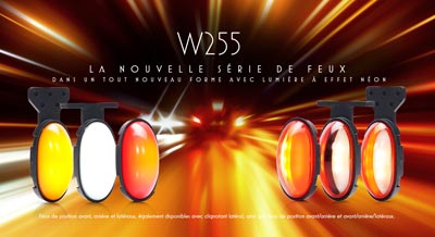La nouvelle W255 série de feux dans un tout nouveau forme avec lumière à effet néon. Feux de position avant, arrière et latéraux, également disponibles avec clignotant latéral, ainsi que feux de position avant/arrière et avant/arrière/latéraux.