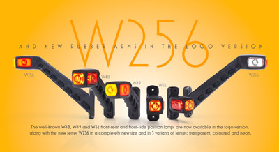 W256 and new rubber arms in the logo version. The well-known W48, W49 and W62 front-rear and front-side position lamps are now available in the logo version, along with the new series W256 in a completely new size and in 3 variants of lenses: transparent, coloured and neon.