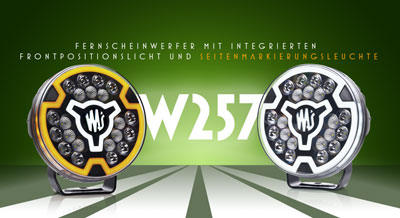 W257 Fernscheinwerfer mit integrierten Frontpositionslicht und Seitenmarkierungsleuchte.