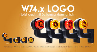 W74.x LOGO jetzt auch mit Seitenmarkierungslicht. Wir haben die W74-Serie um die neue W74.4-Variante mit kürzerem Gummiarm erweitert, und alle Lampen haben ein Neon-Effektlicht.