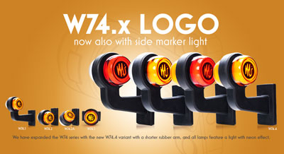 W74.x LOGO now also with side marker light. We have expanded the W74 series with the new W74.4 variant with a shorter rubber arm, and all lamps feature a light with neon effect.